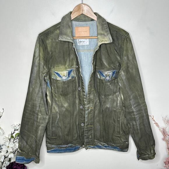 PURPLE BRAND Dirty Resin Coat Distressed Painted Denim Jacket Green Sz S {3U35} - Picture 4 of 7